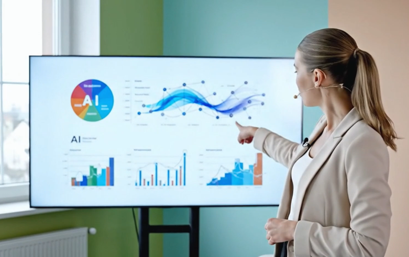 Kurstitelbild: Mara zeigt auf einen Bildschirm mit einem KI Report