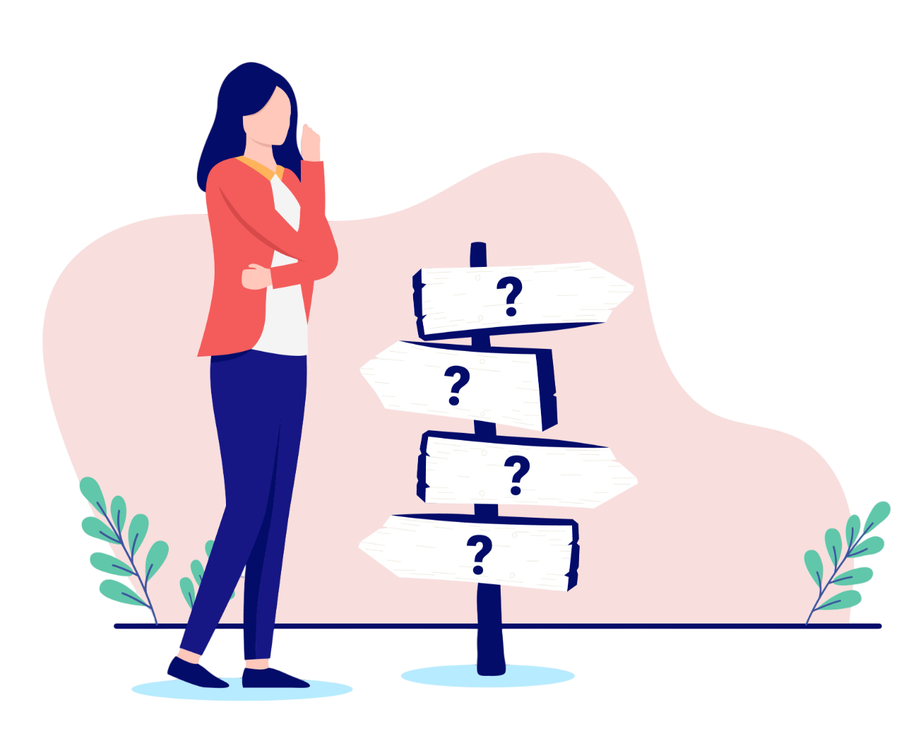 Illustration einer Frau am Wegweiser: Symbol für offene Fragen an unsere E-Learning Beratung Deutschland