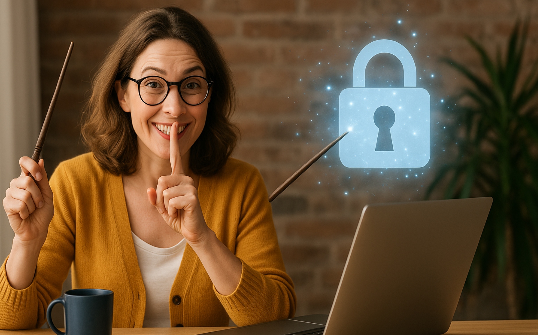Eine Frau hält einen Zauberstab vor ein Datenschloss